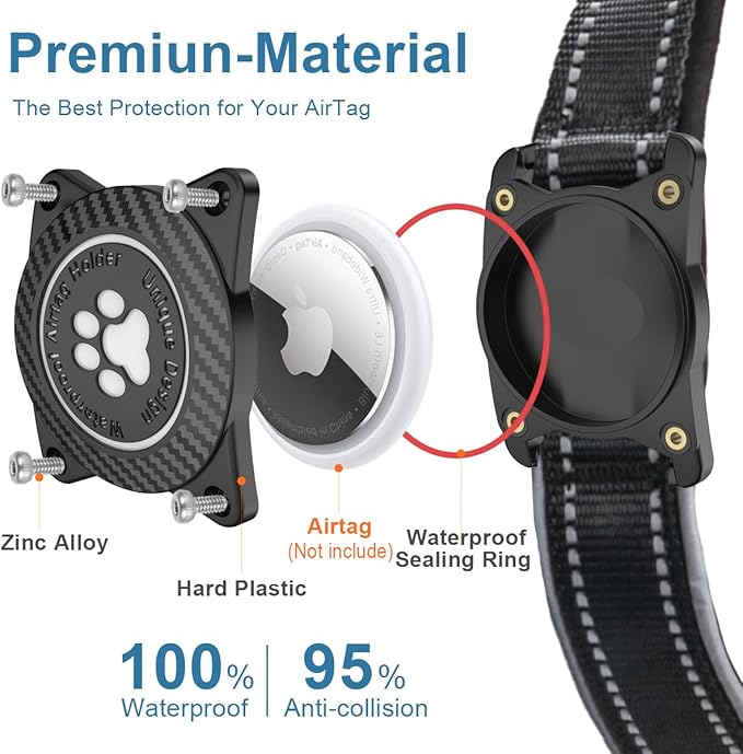 Airtag Dog Collar with Waterproof Air Tag Holder, Luminous Reflective, Soft Padded, Adjustable Nylon Pet Collar for Small Medium Large Heavy Duty Dogs,Black, L