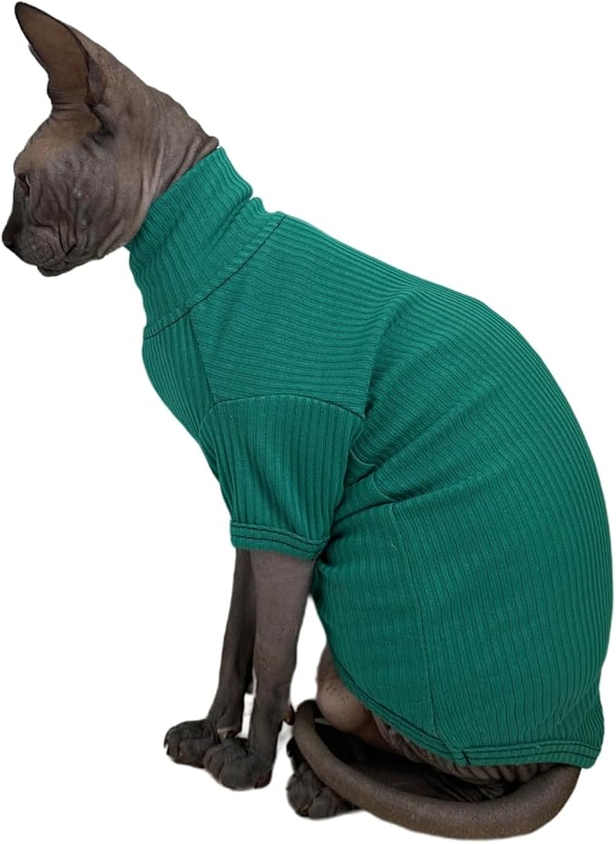 Sphynx Hairless Cats Shirt Cotton Cat Turtleneck Sweater Pullover Kitten T-Shirts with Sleeves Cat Pajamas Jumpsuit for Sphynx (Medium (Pack of 1), Peacock Green)