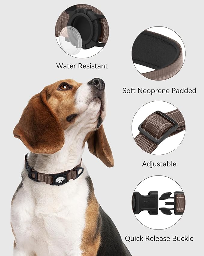 Joytale Airtag Dog Collar, Reflective Pet Collar with Waterproof AirTag Holder, Dual D-Rings, Soft Padded Adjustable for Small Dogs, Brown, S