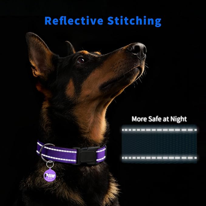 Reflective Dog Collar for Large Dogs with Dog Tags Personalized & Quick Release Buckle, Adjustable and Comfortable Nylon Pet Collar, Purple