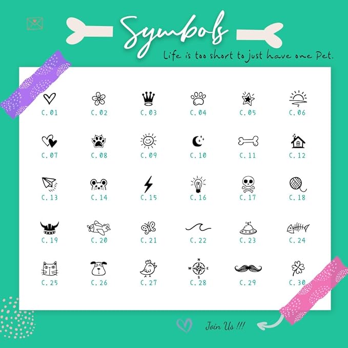 Silent Silicone Dog Tags, Custom Engraved Pet ID Tags for Cats and Dogs, Personalized Small Size Cat Tags with Cute Designs (Symbols, Small)