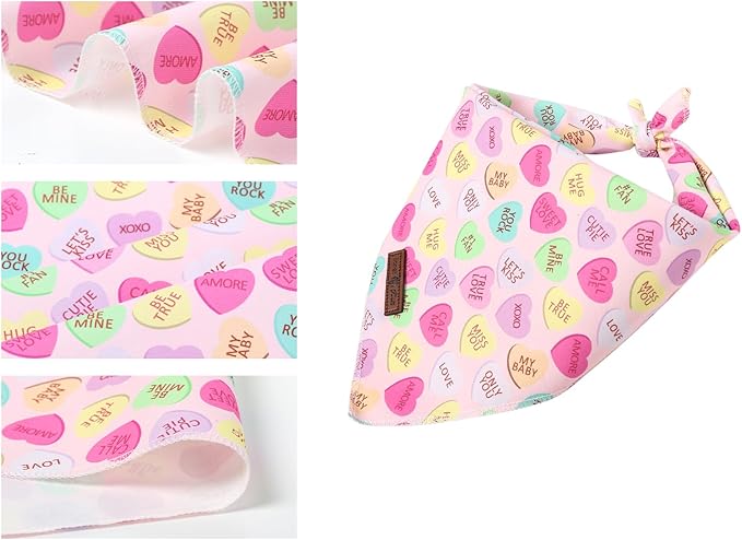 Lionet Paws Valentine's Day Dog Bandana Washable Cotton Beige Handkerchief Scarf Triangle Love Letter Bandana for Medium Large Dogs Girl Boy