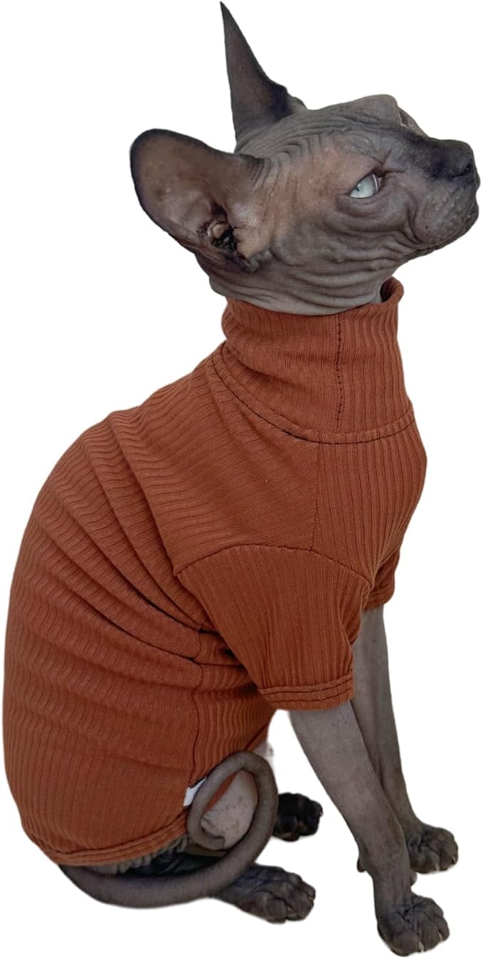 Kitipcoo Sphynx Hairless Cats Shirt Cotton Cat Turtleneck Sweater Pullover Kitten T-Shirts with Sleeves Cat Pajamas Jumpsuit for Sphynx Cornish Rex, Devon Rex, Peterbald (Coffee, Small)