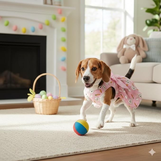 Easter Dog Dress with Bunny & Carrot Print, Festive Holiday Pink Spring Pet Outfit with Satin Bow for Small Medium Dogs