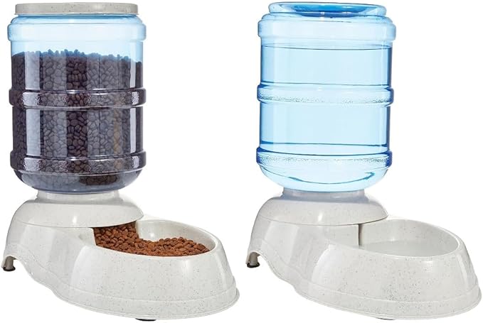 Amazon Basics Large Capacity Automatic Pet Water Dispenser and Gravity Feeder Set, Easy to Clean, 456.6fl.oz Food, 382.1fl.oz Water, Gray
