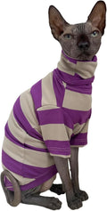 Vintage Stripes Sphynx Hairless Cats Shirt Cotton Cat Turtleneck Pet Clothes Kitten T-Shirts with Sleeves for Sphynx Cats (Wide Purple Grey Stripe, Small)