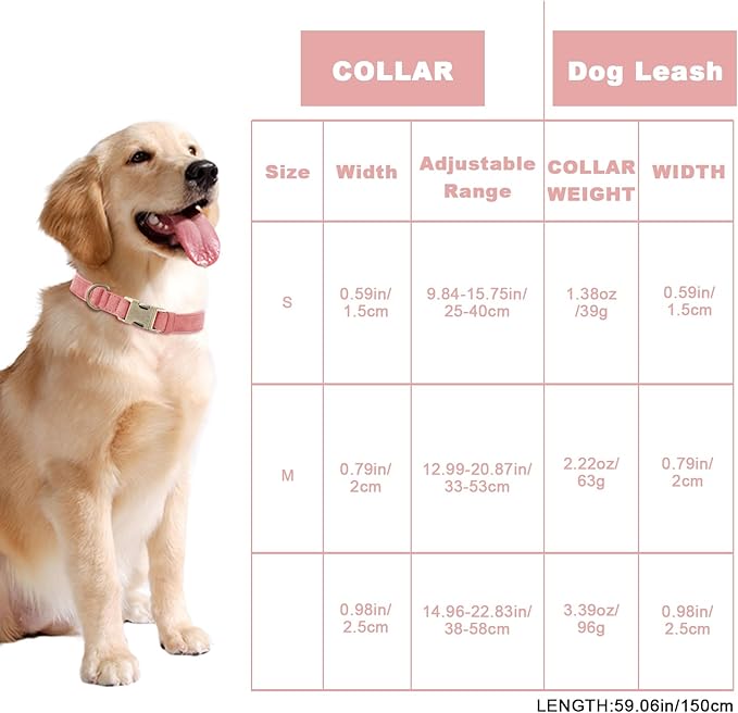 Genuine Leather Dog Collar - Adjustable Pet Collar with Quick Release Metal Buckle, Soft Skin Friendly Real Leather Collar for Small, Medium, Large Dogs (Pink Collar + Rope, L：Fit 15-23" Neck)