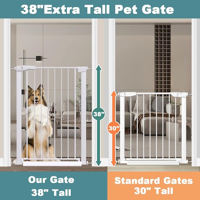 Fairy Baby Narrow Baby Gate 26.8 Inch to 29.5 Inch Wide, 38" Extra Tall Metal Safety Child Gate Auto Close Walk Through Pet Gates Pressure Mounted or Small Stairs and Doorways Indoor No Drill, White