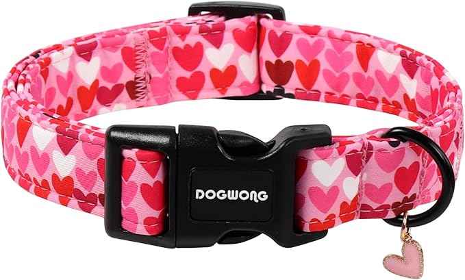 DOGWONG Valentine Dog Collar, Pink Heart Dog Collar, Girl Female Dog Collars with Strong Plastic Buckle for Small Medium Dogs,M