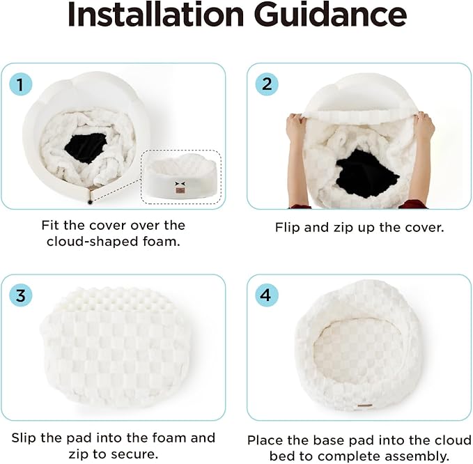 Joydeco Cloud Dog Bed for Small Dogs & Cats, Washable Pet Bed with Orthopedic Foam and Removable Checkered Plush Pad, Non-Slip Bottom for Indoor Puppies and Kittens, 22x20 Inch, White
