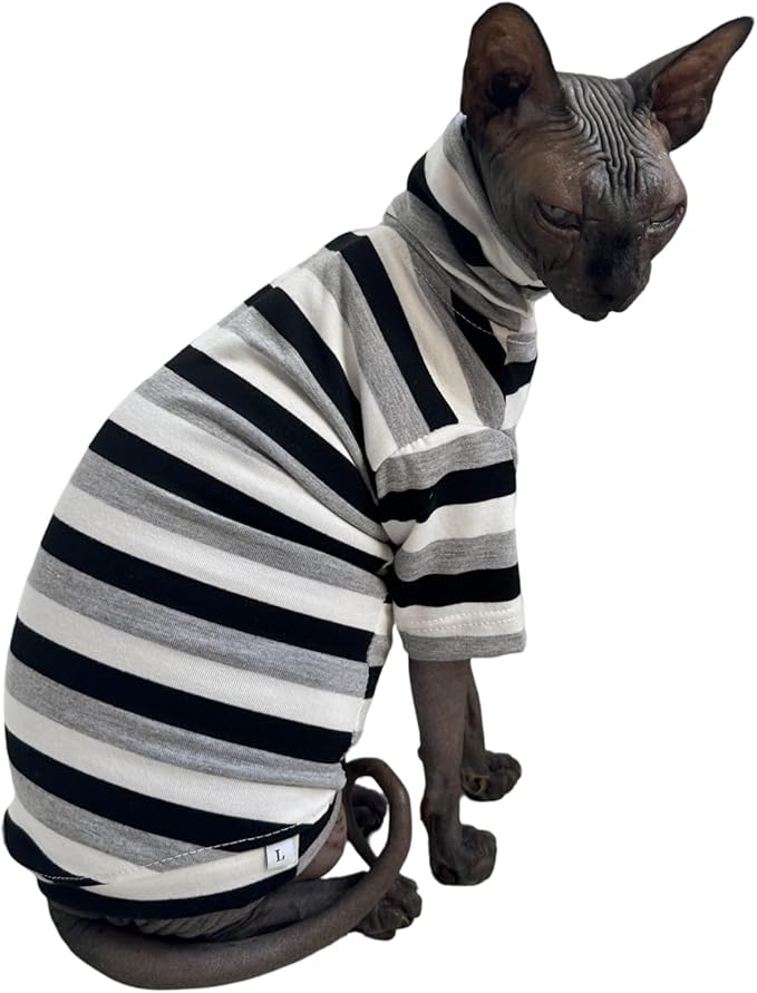 Vintage Stripes Sphynx Hairless Cats Shirt Cotton Cat Turtleneck Pet Clothes Kitten T-Shirts with Sleeves for Sphynx Cats (Black Grey White, XX-Large)