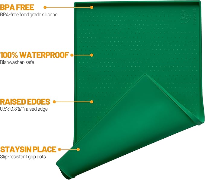 Hubulk Dog Feeding Mat,100% Waterproof Food Grade Silicone Pet Food and Water Bowl Placemat,Dishwasher, High Raised Edge to Prevent Spills,Nonslip Tray to Stop Messes on Floor（28"x18"x0.8",Hunter ）