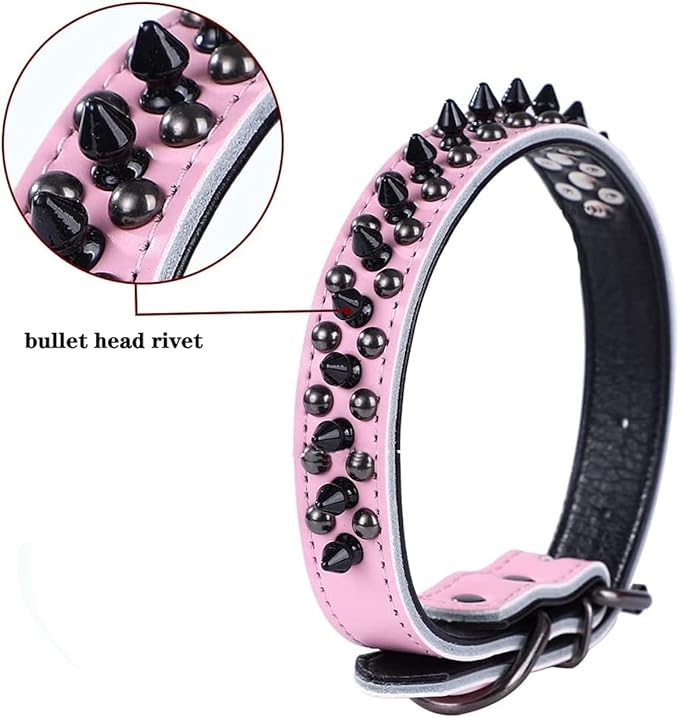 Spiked Studded Dog Collar, Genuine Leather Dog Collar, Adjustable Pet Collars for Medium Large Bulldog Pitbull Mastiff Poodle Boxer (L:37-47cm, Brown-1)