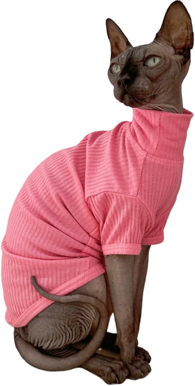 Sphynx Hairless Cats Shirt Cotton Cat Turtleneck Sweater Pullover Kitten T-Shirts with Sleeves Cat Pajamas Jumpsuit for Sphynx (Small (Pack of 1), Rosey Pink)