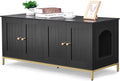 Homhedy Cat Litter Box Enclosure for 2 Cats, Cat Washroom Furniture with Double Room, Pet House with Metal Frame, 47.2”L x 17.7”W x 21.7”H, Black and Gold