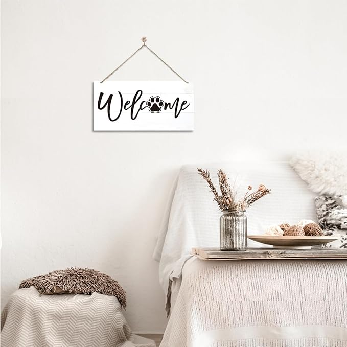 Welcome Sign for Front Door, Welcome Decor Wooden Hanging Sign for Wall Decor, Cat's Paw Pattern Wall Signs, Rustic Funny Wooden Outdoor Front Door Hanging Decoration 13.8X6.9 inches