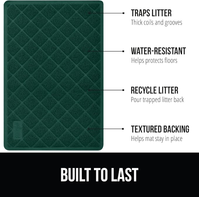 GORILLA GRIP Cat Litter Box Mat, 35x23, Water Resistant, US Designed Kitty Litter Trapping Mats, Easy to Clean, Scatter Control, Less Mess and Clean Floors, Kitten Supplies for Indoor Cats, Dark Green