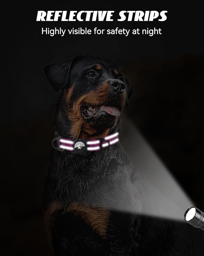 Joytale Airtag Dog Collar, Reflective Pet Collar with Waterproof AirTag Holder, Dual D-Rings, Soft Padded Adjustable for Large Dogs, Hotpink, L