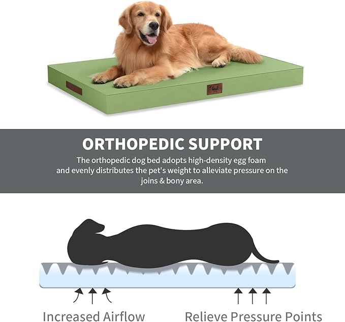 Outdoor Dog Bed for Small Dogs & Cats, Waterproof Dog Crate Mat Orthopedic Egg Crate Foam with Washable Removable Oxford Cover, Light Green