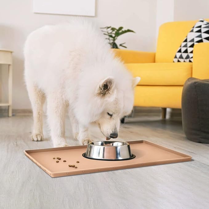 Dog Food Mat,Silicone Waterproof Food Tray,Non Slip Pet Bowl Mats Placemat,0.6" Raised Edge,Suitable for Most Small and Medium Sized Pets,24" x 16"