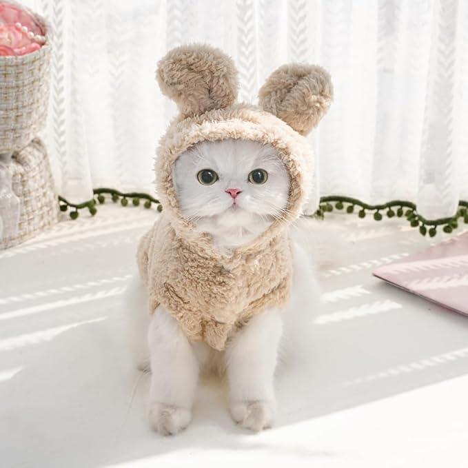 Selena Cat Bunny Ears Costume Cute Dog Kitten Hoodies Sweater Rabbit Ears Puppy Pet Apparel (Medium,Beige)