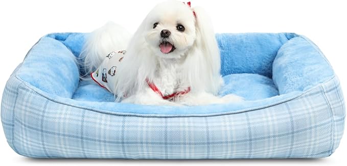 MIHIKK Rectangle Dog Beds for Small Medium Dogs & Cats, Orthopedic Sleeping Pet Bed for Couch with Durable Puppy Cuddler and Anti-Slip Bottom Machine Washable 25 * 21 Inch (Blue)