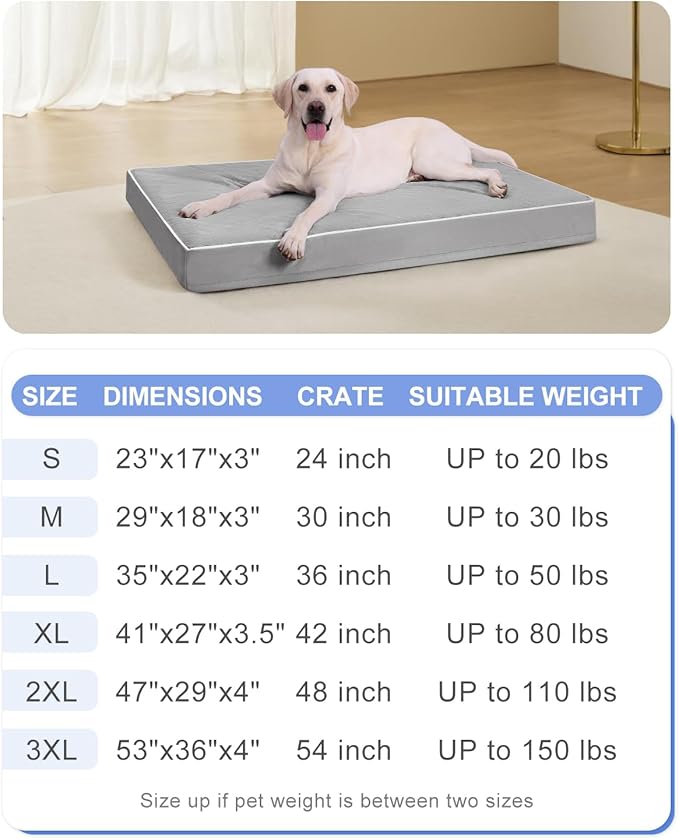 KSIIA Orthopedic Dog Bed for Crate Large Dog Bed with Removable Machine Washable Cover Waterproof Crate Pad with Egg Foam and Non-Slip Bottom, 35x22 Inch, Light Gray