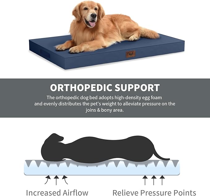 Outdoor Extra Large Dog Bed, Jumbo Waterproof Dog Bed for Large Dogs, Orthopedic Egg Crate Foam Pet Mat with Removable Oxford Cooling Cover, Navy