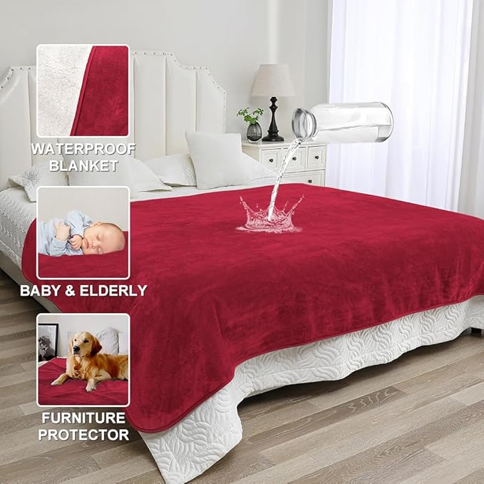 Waterproof Bed Blanket - Reversible Sherpa Throw with Leak-Resistant TPU Layer - 80x60 Stain Resistant, Machine Washable Bed Protector for Couch, Bed & Pets