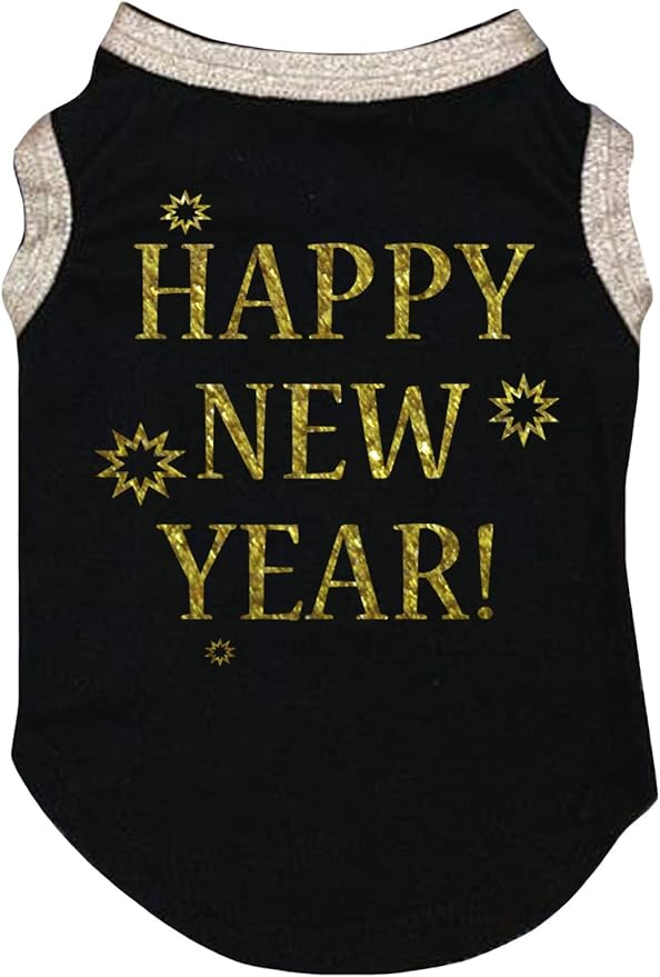 Petitebella Bling Happy New Year Puppy Dog Shirt (Black/Gold, Small)