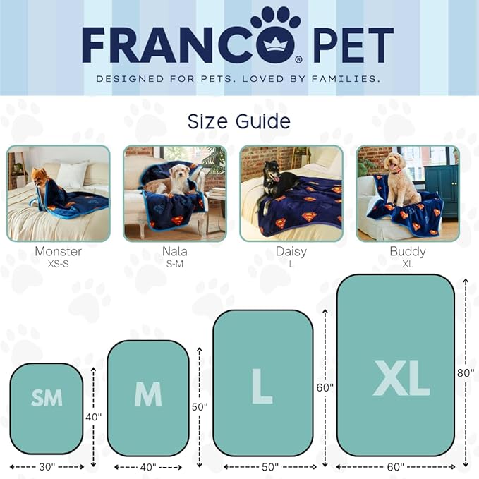 Franco Pet Superman DC Comics Super Soft Cozy Waterproof Sherpa-Backed Blanket Throw for Large Dogs, Couch/Bed/Car, 50x60 (Officially Licensed Product)