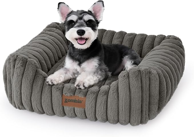 Small Dog Beds for Small Dogs - Washable Cat Beds for Indoor Cats, Rectangle Orthopedic Puppy Bed with Fluffy Removable Cover, 20x19x7inches, Grey