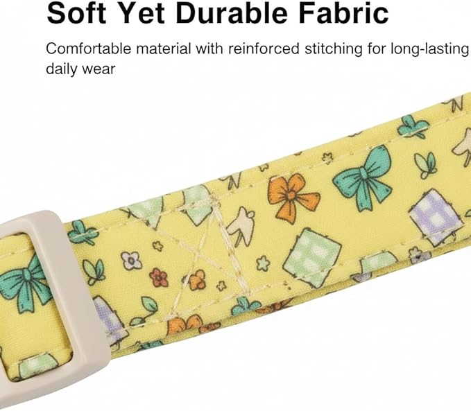 Cute Dog Collar with Yellow Bow Pattern, Girl Dog Collar for Small Dogs, Adjustable Spring/Summer Puppy Collar Made of Soft Fabric and Quick Release Buckle, S