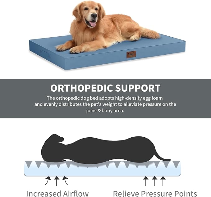 Outdoor Extra Large Dog Bed, Jumbo Waterproof Dog Bed for Large Dogs, Orthopedic Egg Crate Foam Pet Mat with Removable Oxford Cooling Cover, Blue
