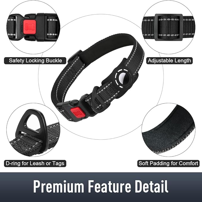 Airtag Dog Collar with AirTag Holder for Medium Dogs, Reflective, Soft Padded & Safety Locking Buckle, Nylon Pet Collars Adjustable for All Breeds, Black,M