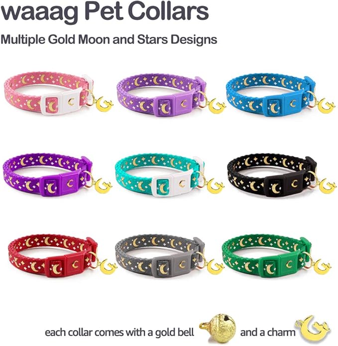 WAAAG Cat Collars, Gold Moons and Stars Cat Collar, Safety Breakaway Cat Collar, Glow in The Dark (Standard 9"-15" Neck, Scarlet)