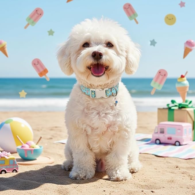 Blue Dog Collar for Large Dogs, Boy Girl Dog Collar with Ice Cream Pattern for Spring Summer, Breathable Adjustable Large Collars for Male Female Dogs, L