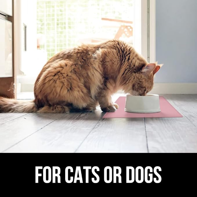 GORILLA GRIP 100% Waterproof Raised Edge BPA Free Silicone Pet Feeding Mat, Dog Cat Food Mats Contain Spills Protects Floors, Placemats for Cats and Dogs Water Bowl, Pets Accessories 18.5x11.5 Pink