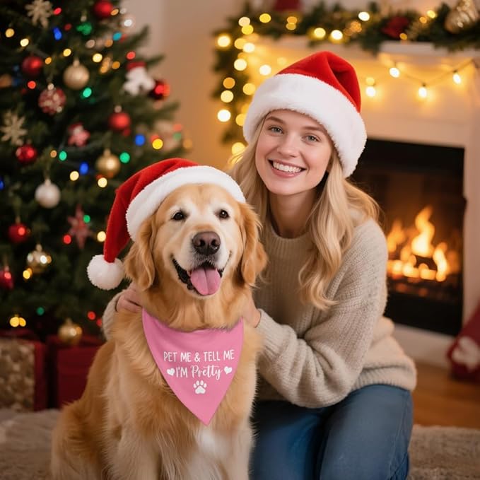 Pet Me & Tell Me I'm Pretty Pink Dog Bandana, Cute Adjustable Scarf for Pretty Puppy, Funny Photo Prop Accessories Decoration for Female Dog, for Puppy Owner Pet Lover