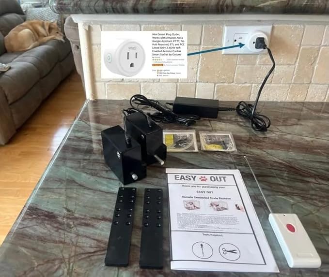 Easy Out Automated Pet Crate Opener for Single or Double Latch Crates, Activated by Remote Control or Wi-Fi Smart Plug, Model EODP1