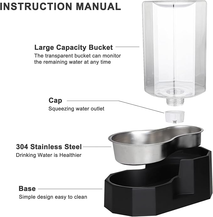 Sfozstra Dog Water Bowl Dispenser: 6L Large Black Gravity Stainless Steel Bowl - Without Filter - Pet Feeder for Pets Indoor/Outdoor Use by Owners