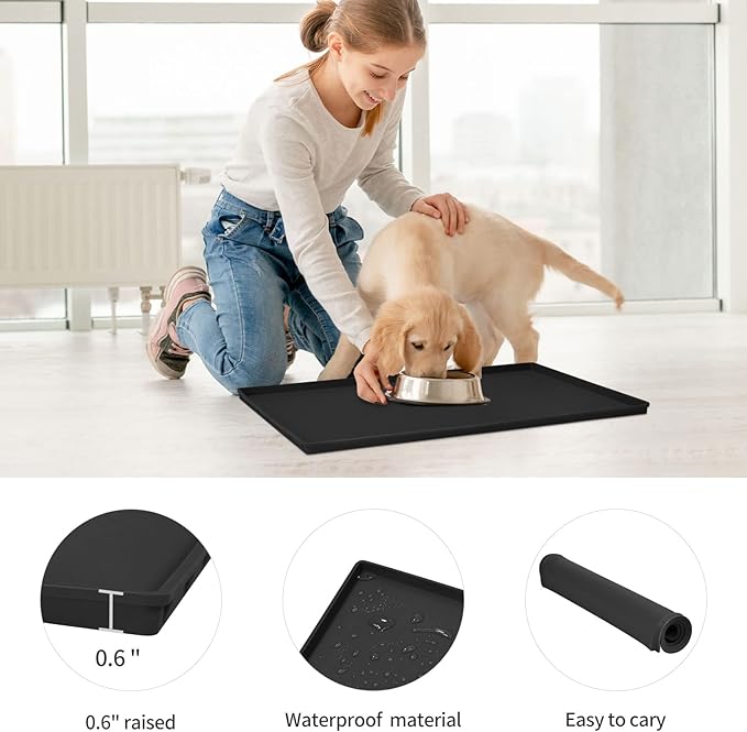Dog Food Mat,Silicone Waterproof Food Tray,Non Slip Pet Bowl Mats Placemat,0.6" Raised Edge,Suitable for Most Small and Medium Sized Pets,18.5" x 11.5"