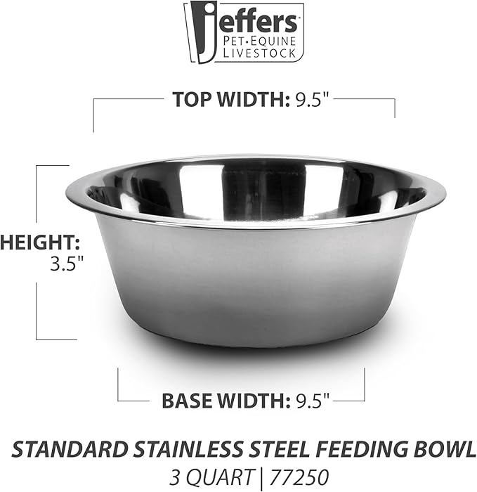 Jeffers Pet Standard Weight Stainless Steel Bowls for Dogs, Cats, Puppies, Kittens, Food & Water, Durable Feeding Dish, Travel, Camping, Indoor Outdoor Use, Dishwasher Safe Pet Accessories -3 Quart