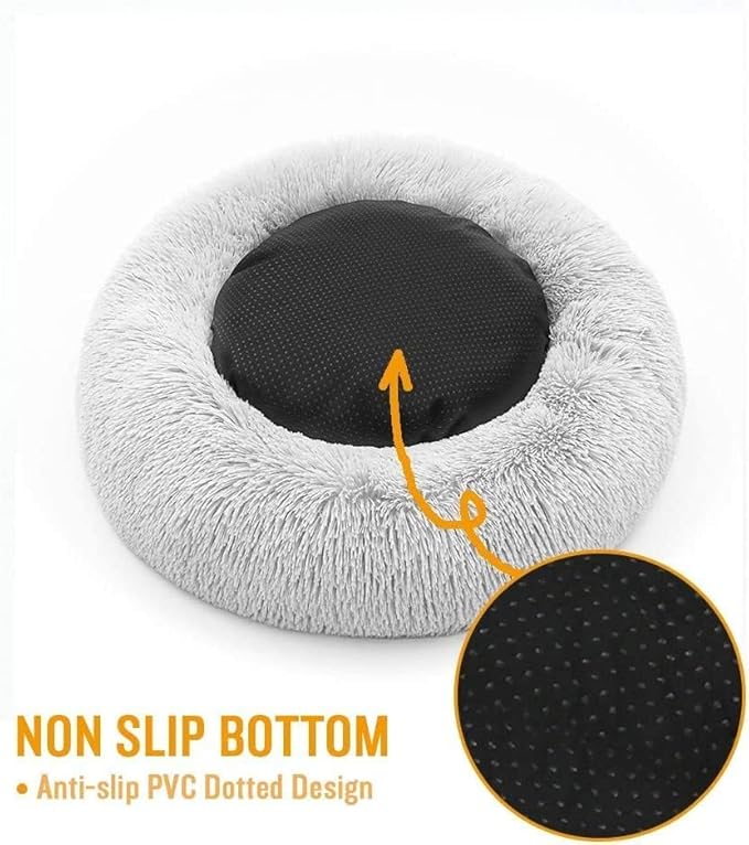 Original Calming Donut Dog and Cat Bed in Shag Fur, Dog Beds for Melium Dogs, Anti Anxiety Round Fluffy Plush Faux Fur Pet Bed, Light Grey, 27.6'' x 27.6''