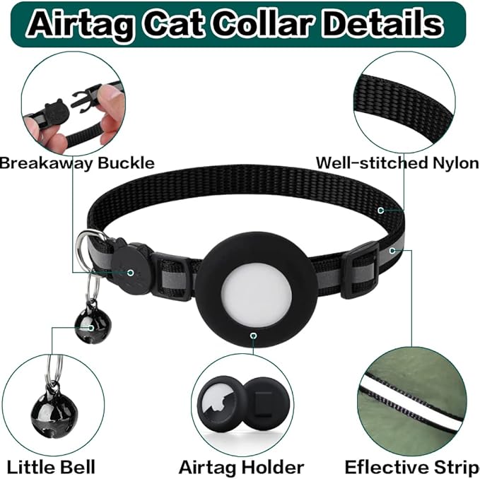 Airtag Cat Collar Breakaway, Reflective Kitten Collar with Apple Air Tag Holder and Bell for Girl Boy Cats, 0.4 Inches in Width and Lightweight(Pink)