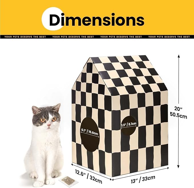 Cardboard Cat House with Scratch Pad & Catnip, Cat Play Scratching House for Indoor Hideaway Furniture, Heavy Duty Sturdy Cardboard Scratcher, Easy to Assemble Birthday Gift, Medium, 2 Pack