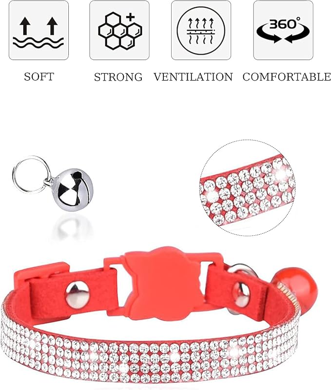 Breakaway Cat Collars with Bell,olmoony Adjustable Safe Kitten Collar,Cat Collars for Girl Cats with Rhinestone Soft Velvet