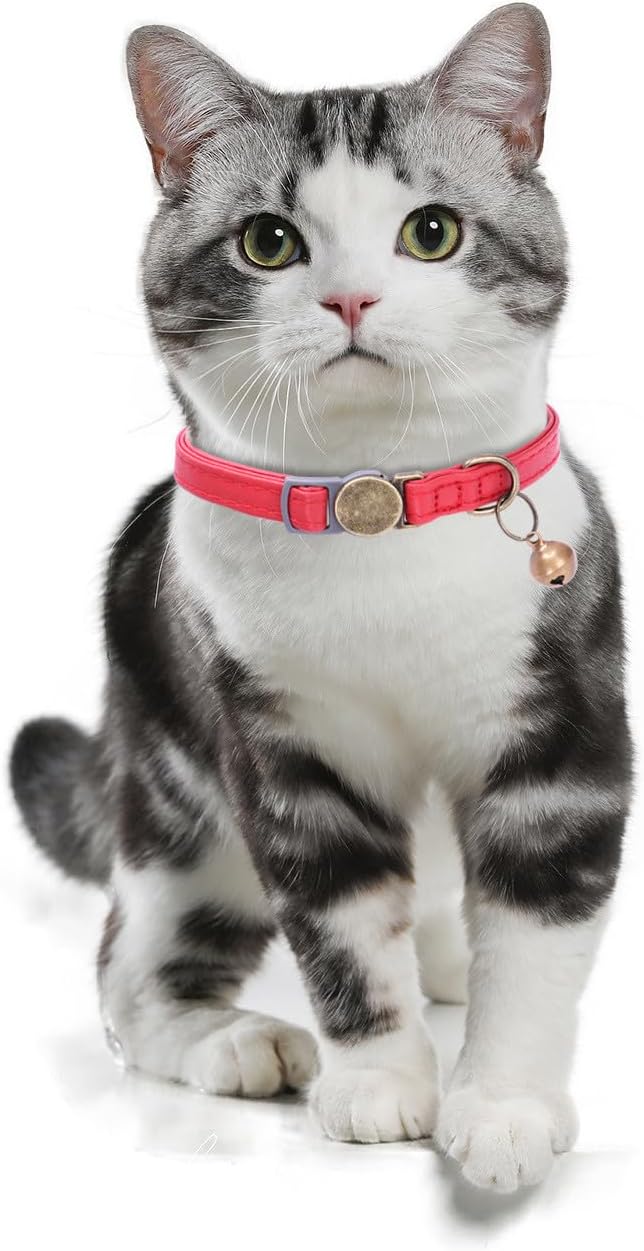 THAIN Leather Cat Collar with Bell Breakaway- Adjustable, Durable, Retro Bell fit Most Cats and Kittens (Black)