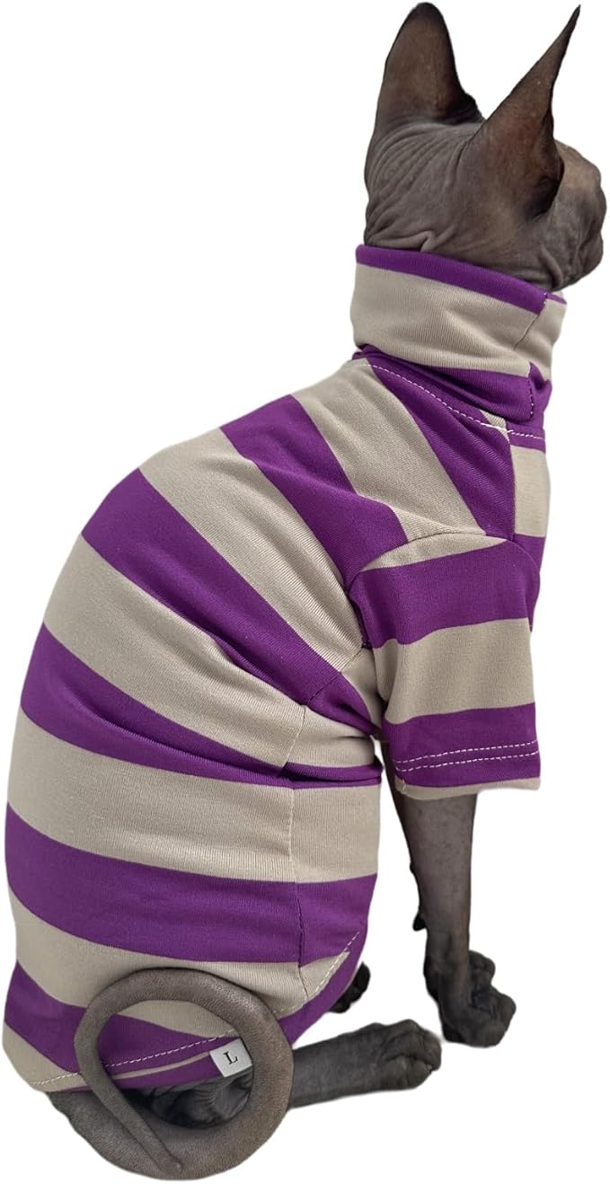 Vintage Stripes Sphynx Hairless Cats Shirt Cotton Cat Turtleneck Pet Clothes Kitten T-Shirts with Sleeves for Sphynx Cats (Wide Purple Grey Stripe, Small)