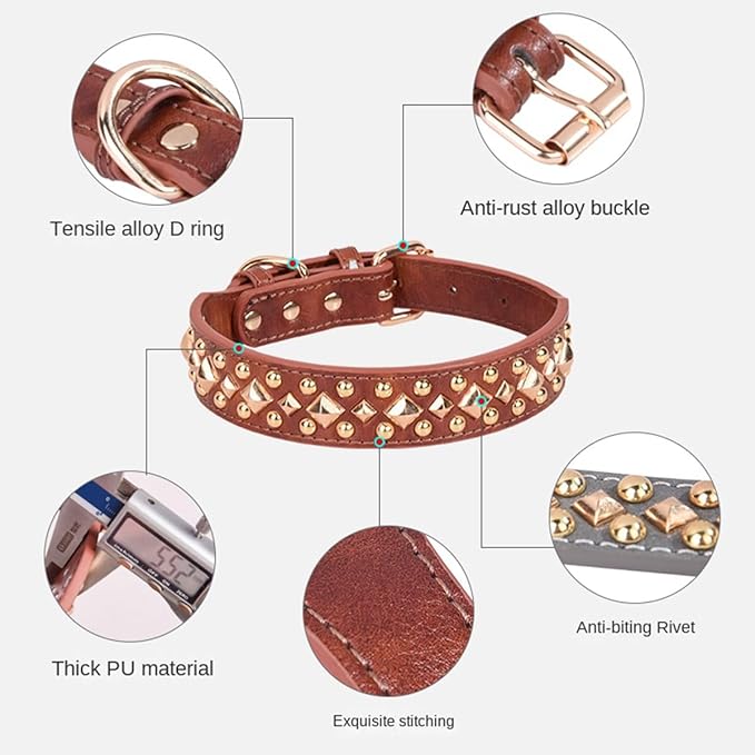Spiked Dog Collar Soft Pu Leather Mushrooms Rivet Spike Studded Puppy Adjustable Pet Collars for Small Breeds (S, Grey3)